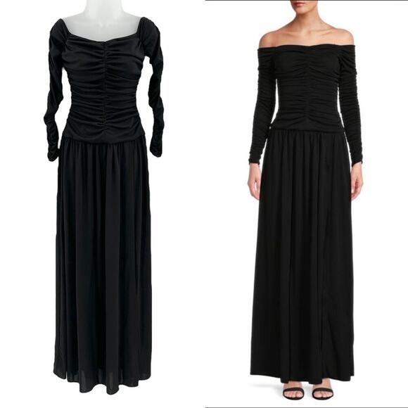 TANYA TAYLOR Marla Ruched Maxi Fit and Flare Dress Off Shoulder Long Sleeve NEW - Picture 4 of 16